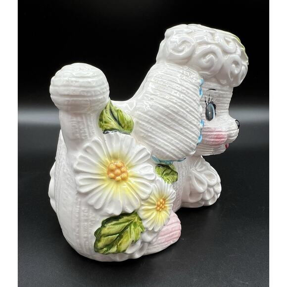 Vintage Lefton White Poodle Dog with Daisy Flowers Ceramic Planter Japan 6189 - Picture 10 of 11
